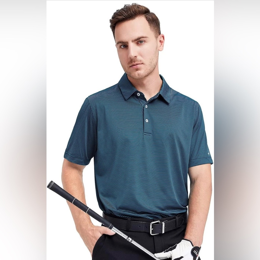 Men’s 2X dri fit performance polo NWT Michel Rouen green and black stripe